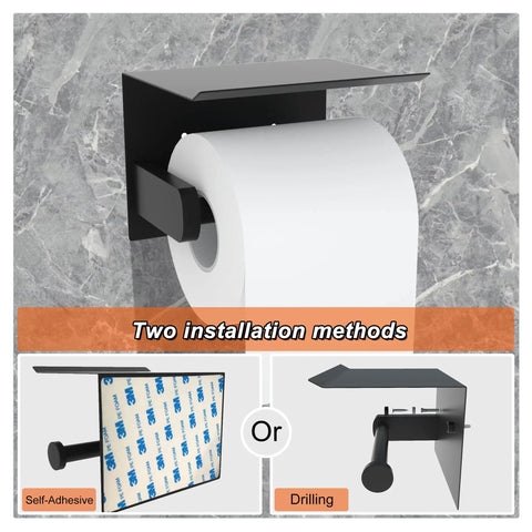 Black Wall Mounted Toilet Paper Holder With Shelf That Fits Mega Roll Up To 5.51 Inches Diameter SUS 304 Stainless Steel, adhesive and drill install