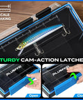 Close-up of waterproof fishing tackle box organizer with 21 adjustable and removable dividers, showing cam-action latches.