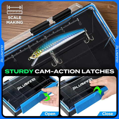 Close-up of waterproof fishing tackle box organizer with 21 adjustable and removable dividers, showing cam-action latches.