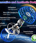 Exploded view of blue hand controlled flying orb ball toy with RGB lights, showing internal components and innovative design features.