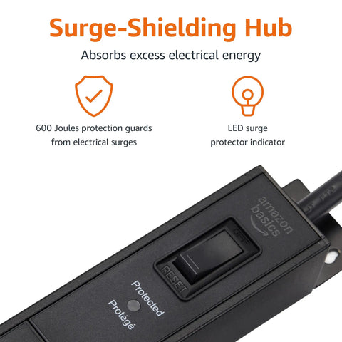 Heavy Duty 12 Outlet Surge Protector Power Strip With Metal Housing 600 Joules 6 Foot Extension Cord Wide Spaced Mountable Black LED Indicator For Bulky Electronics, black switch detail