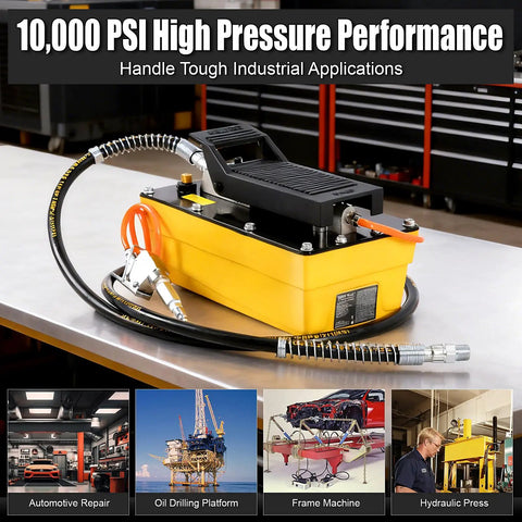 High-Pressure Air Hydraulic Pump Kit With 10,000 PSI Power, 0.6 Gal Reservoir, Foot Pedal Operation, 6.6 Ft Hose And Spray Gun, NPT Three-Eighth Inch Outlet And One-Quarter Inch Inlet, Yellow Built-To-Last Workhorse For 10-Ton Jobs. Yellow hydraulic pump kit with hose, foot pedal, and spray gun