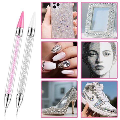 Rhinestone Picker Tool Kit With Two Bedazzling Pens for nail art and craft projects, decorated phone case, nails, sneakers, and frame.