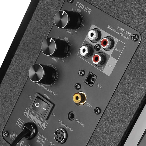 Close-up of back panel of R1850DB Dope Active Bookshelf Speakers With Bluetooth And Optical Input Built In Amplifier