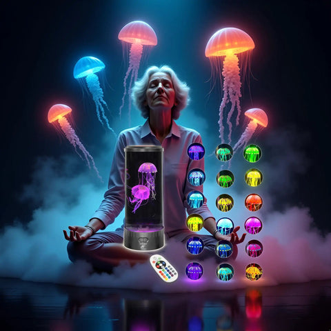 Large Round LED Jellyfish Lamp With 18 Color Changing LEDs For Soothing Sensory Aquarium Decor, person meditating with lamp
