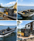Kickass Smart Trolling Motor Battery Box Power Center Featuring Dual 50A Anderson Connectors And Quick Charge USB Ports For 12V And 24V Fishin Ready To Roll on a dock with solar panels.