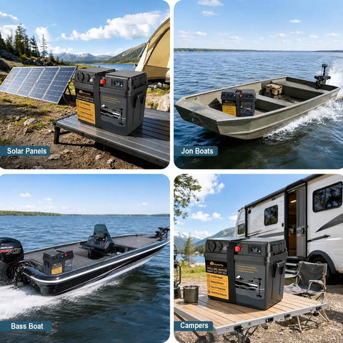 Kickass Smart Trolling Motor Battery Box Power Center Featuring Dual 50A Anderson Connectors And Quick Charge USB Ports For 12V And 24V Fishin Ready To Roll on a dock with solar panels.