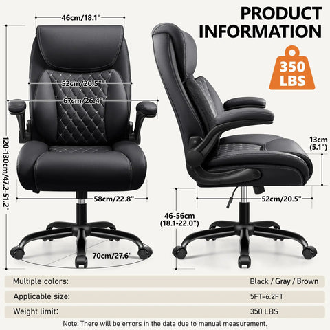 Ergonomic Office Chair With 3D Dynamic Lumbar Support For Lower Back Pain Relief Leather Executive Desk Chair Padded Flip Up Armrests Black All Day Comfy For Home Office, front and side views, black PU leather, weight capacity 350 lbs