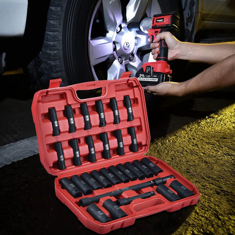 Half Inch Drive Impact Socket Set, 29 Piece, 6 Point Deep Sockets, SAE And Metric, Chromium Vanadium Steel in a case