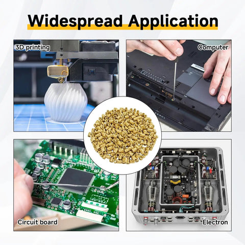 300 Pc M3 Heat Set Brass Inserts With Knurled Body shown in use for 3D printing, electronics housings, circuit boards, and computers