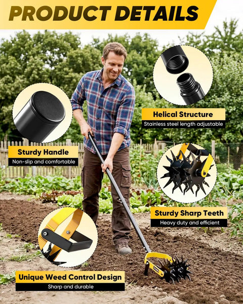 Man using 2-In-1 Manual Rotary Cultivator And Weeder With Adjustable Long Handle, 72.4 Inch, heavy duty 3-blade steel tiller.
