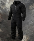 Mens Heavy Duty Canvas Work Jumpsuit With Thermal Hood And Full Zip Front Insulated Coveralls For Construction Trades in black.