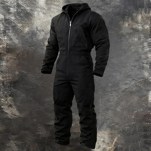 Mens Heavy Duty Canvas Work Jumpsuit With Thermal Hood And Full Zip Front Insulated Coveralls For Construction Trades in black.