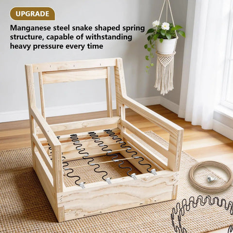 Complete Couch Upholstery Spring Repair Kit With 8 Tough 25 Inch Sofa Springs And 50 Foot Stay Wire showing manganese steel springs in wooden frame.