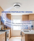 Set It And Forget It Peace Of Mind With This 10 Year Photoelectric Smoke Detector mounted in a modern kitchen for fire safety.