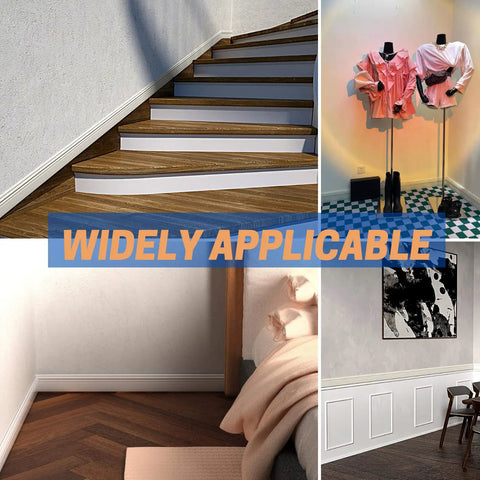 Flexible Peel And Stick Wall Base Molding Rubber Baseboard Trim in home setting, stairs, office, and nursery, creamy white color.