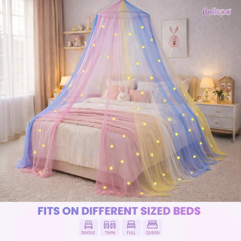 Pink Princess Bed Canopy With Glowing Stars For Girls over bed, dreamy rainbow netting and glow in the dark stars in bedroom