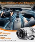 Straight Shot AC Compressor With Clutch Fits Chevrolet Silverado 1500 Gmc Sierra 1500 Tahoe Suburban Yukon Xl Escalade 2014 2020 V6 V8 next to a dashboard showing cooling efficiency.