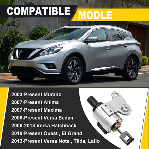 Keep Your Daily Cruiser Rolling Smooth As Butter With This Premium CVT Transmission Stepper Motor For Nissan Murano Altima Maxima 2003 To 2024 3.5L Fits Tight And Replaces Oe Ref0f09a Ref0f09b Jf010e Jf009e Fo Sho Zero Lag with a silver Nissan car on a road.