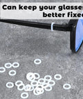 Three In One Eyeglass Repair Kit with mini screwdrivers and 80 silicone sealing rings shown on an eyeglass frame.