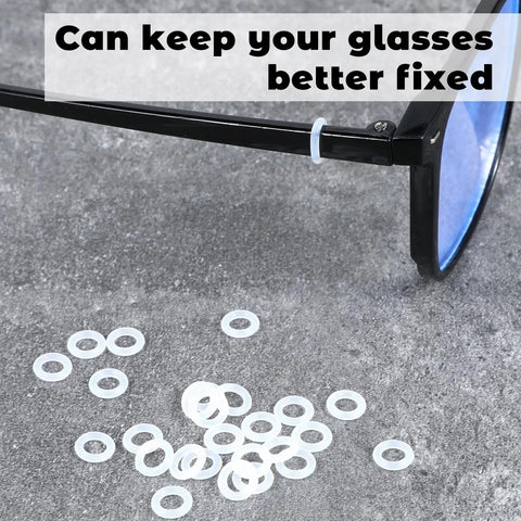 Three In One Eyeglass Repair Kit with mini screwdrivers and 80 silicone sealing rings shown on an eyeglass frame.