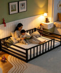 Safe Toddler Floor Bed With Rails And Door Full Size Montessori Bed For Ages 2 To 5 Low Profile Metal Platform Heavy Duty Guardrails