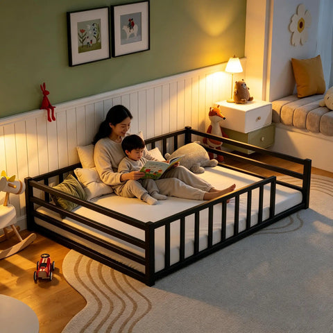 Safe Toddler Floor Bed With Rails And Door Full Size Montessori Bed For Ages 2 To 5 Low Profile Metal Platform Heavy Duty Guardrails