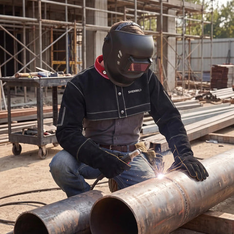 Person wearing Kick Butt Split Cowhide Leather Welding Cape Sleeve Short Jacket welding metal pipes outdoors.