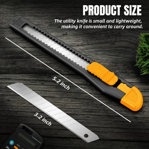 4 Pack Retractable Utility Knife With 9mm Snap Off Blades, Heavy Duty Workhorse Box Cutter, showing 5.2 inch ABS grip