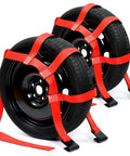 Beefy 2 Pack Tow Dolly Straps With Flat Hooks For 14 To 17 Inch Wheels 10000 Lbs Break Strength 2 Inch Wide Over Wheel Car Basket Tie Down Straps With Carrying Bag Red securing wheels