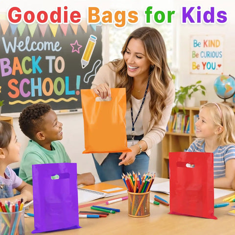Teacher handing a 50 Pack Multicolor Party Favor Gift Bags 8x11 Inches With Handles Reusable Plastic Goodie Bags to a student.