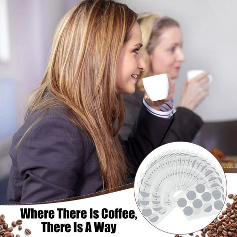 204 Pack Espresso Capsule Foil Seals Aluminum Lids And Stickers For Reusing 37 mm Pods next to two women enjoying coffee