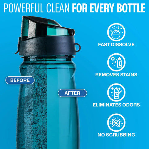 Water Bottle Cleaner Tablets 36 Pack No Chlorine Odor Control Formula showing before and after bottle cleaning effect.