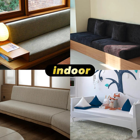 Custom Bench Cushions With Three Firmness Options Soft Medium Or Firm Ninety Plus Waterproof Scratch Resistant Fabric Six Cozy All Weather Indoor Outdoor Designs For Patio Garden And Dining Areas, displayed indoors on various seats.
