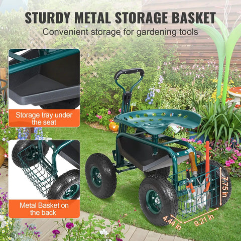 Green Garden Cart Rolling Workseat With Wheels 360 Degree Swivel Gardening Stool For Planting Wagon Scooter and storage basket