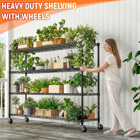 Beefy 60 Inch Wire Shelving With Wheels Heavy Duty Garage Shelving Rack On Casters Adjustable Wire Shelves With Liners Fits 27 Gallon Totes Ideal For Commercial And Warehouse Storage 60 Inch Wide 18 Inch Deep 63 Inch Tall, black 4-tier plant shelf on casters