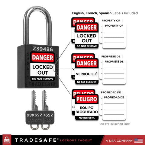 Lockout Tagout Padlocks Set Of 10 Black Keyed Alike Safety Locks With 2 Keys Each, OSHA Compliant LOTO Locks shown with labels.