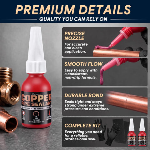 2 Pack Pipe Thread Sealant 0.67 Oz No Heat Liquid Solder For Plumbing And HVAC Copper Brass Yellow Metal With Gloves And 4 Sandpaper Sheets Included High Pressure Oil Resistant -60 F To 300 F 10,000 PSI copper bottle