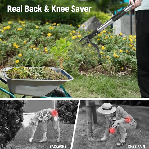46 Inch Stand Up Weed Puller Tool in use, removing weeds from garden; ergonomic design for easy weed removal in lawns and beds.