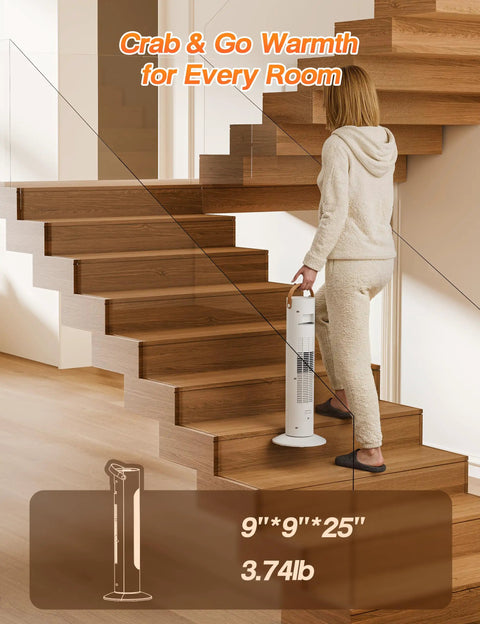 Person carrying a 25 Inch Tower Space Heater And Fan Combo With 1500W Power for all season warmth up a staircase