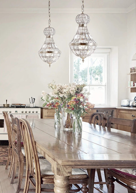 Rustic dining room with 12 Inch Antique Brass And Clear Regina Empire LED Pendant Light With Crystal Shade Dope Adjustable Hanging Chandelier