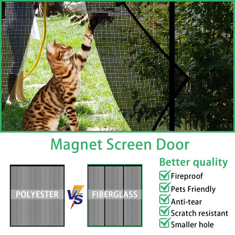 Cat interacting with Heavy Duty Magnetic Screen Door With Self Sealing Magnets Hands Free Insect Shield, showcasing mesh quality.