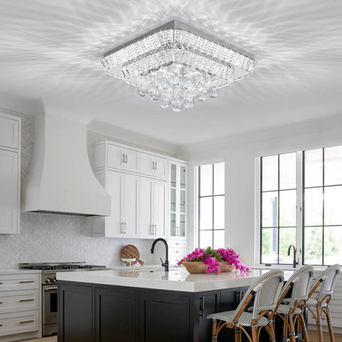 20 Inch Crystal Ceiling Light Flush Mount with Remote Control in modern kitchen setting, featuring raindrop design.