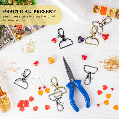 25 Heavy Duty Metal Swivel Clasp Hooks And One Inch D Ring Keychain Making Kit Featuring Smooth Lobster Claw Clasps Across Five Rich Hues on a table with crafting materials.