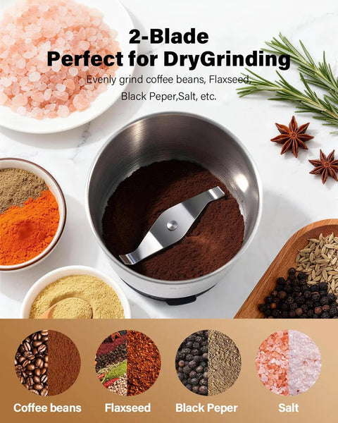 Fast Electric Coffee And Spice Grinder For Beans, Herbs, And Seeds With 2 Removable Stainless Steel Bowls, Grinds Fresh In 15 Seconds, Dishwasher Safe Bowls, Easy Clean, Push Button Power, Black