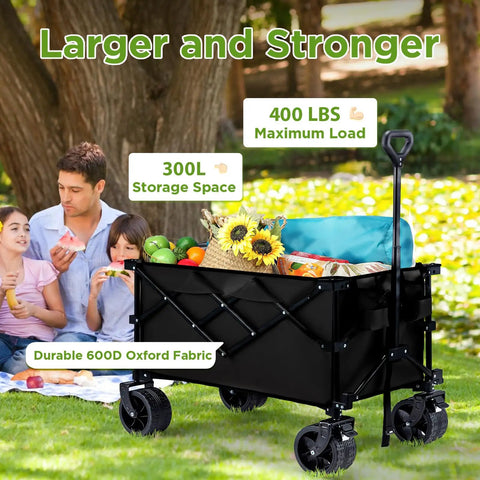 Heavy Duty Collapsible Wagon With 400 Lb Capacity For All Terrain Big Wheels Ideal For Sand Beach Camping Garden And Sports Folding Utility Cart Black shown in a garden with a picnic.