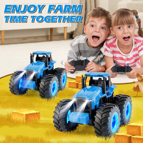 Kids playing with Remote Control Monster Tractor Toy With Glowing Rubber Tires, 2 4GHz RC Tractor For Boys Aged 3 4 5 6 7
