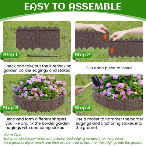 Interlocking No Dig Garden Edging Border Kit for Lawns and Flower Beds 30 Pack 30 Ft Easy Install steps guide with flowers
