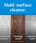 Three types of surfaces: laminated, finished wood, stainless steel, suitable for EcoClean Disinfecting Wipes Multipurpose Plant Based Formula