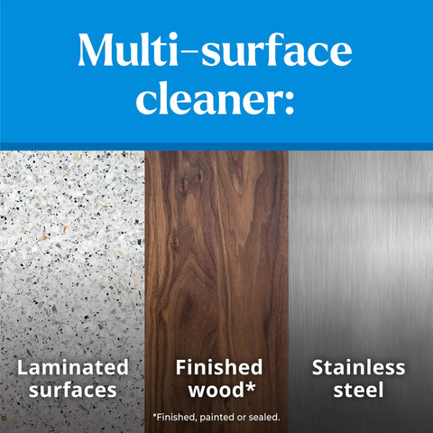 Three types of surfaces: laminated, finished wood, stainless steel, suitable for EcoClean Disinfecting Wipes Multipurpose Plant Based Formula
